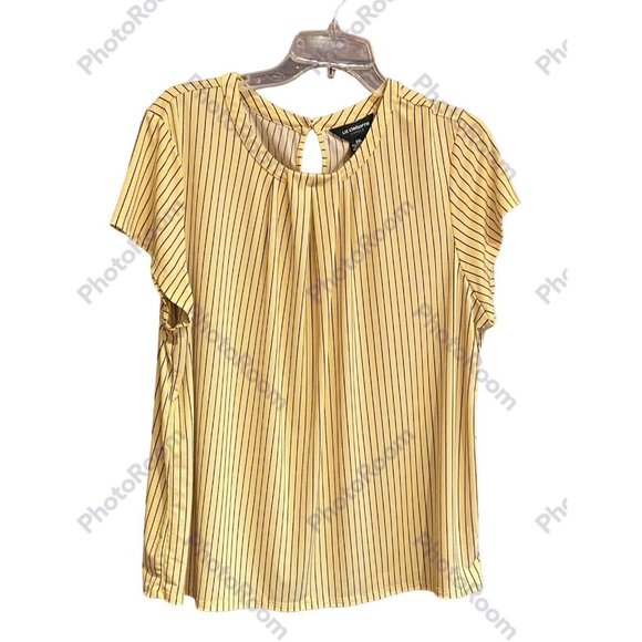 Liz Claiborne Blouse Yellow with Black Stripes XXL Short Sleeves Pleated - Picture 1 of 5